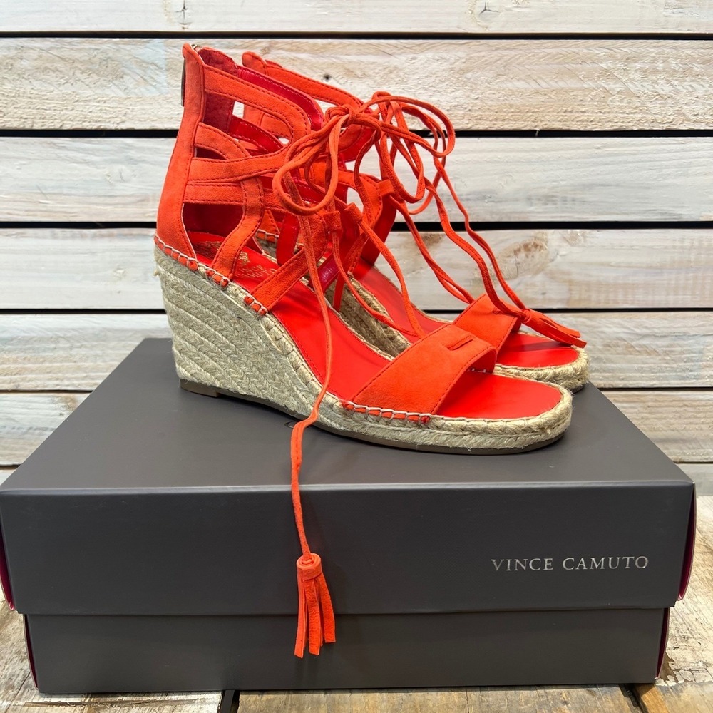 Vince Camuto VC Tannon Blood Orange Suede Lace Up Espadrille Wedge Sandals 8